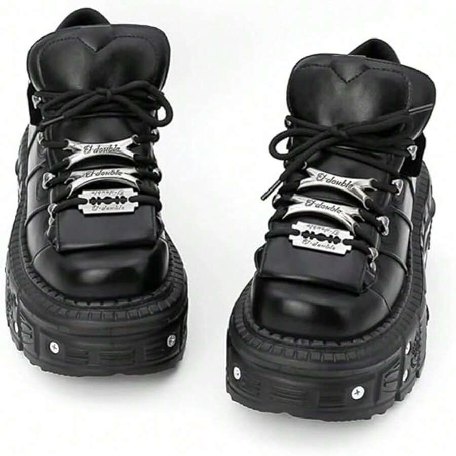 Women's Platform Biker Boots Square Toe Lace Up Motorcycle Boots Black Metal Combat Goth Booties - 黑色 - 查看 1