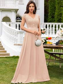 MIUSOL V-Neck Sequin Lace Short Sleeve Ruffle Hem Chiffon Maxi Dress, Elegant Women's Party Gown, Formal Evening Dress, Ball Gown, Suitable For Wedding Guests, Graduation Ceremony, Gala Dinner And Other Occasions, For Valentine's Day - Champagne - View 7