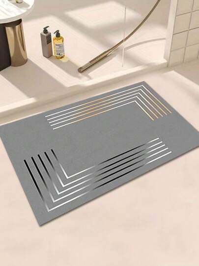 Luxury Anti-Slip Silica Gel Mat - Soft, Absorbent, Quick-Dry, Elegant Gray & Gold Striped Design - Ideal For Kitchen, Bathroom, Entryway - Durable Rubber Backing, Hand Wash Only