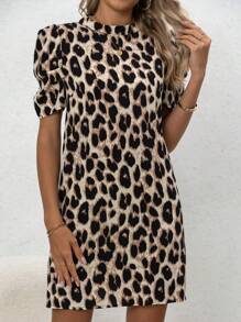 New Women's Leopard Print Round Neck Puff Sleeve Casual Short Sleeve Dress, Spring/Summer