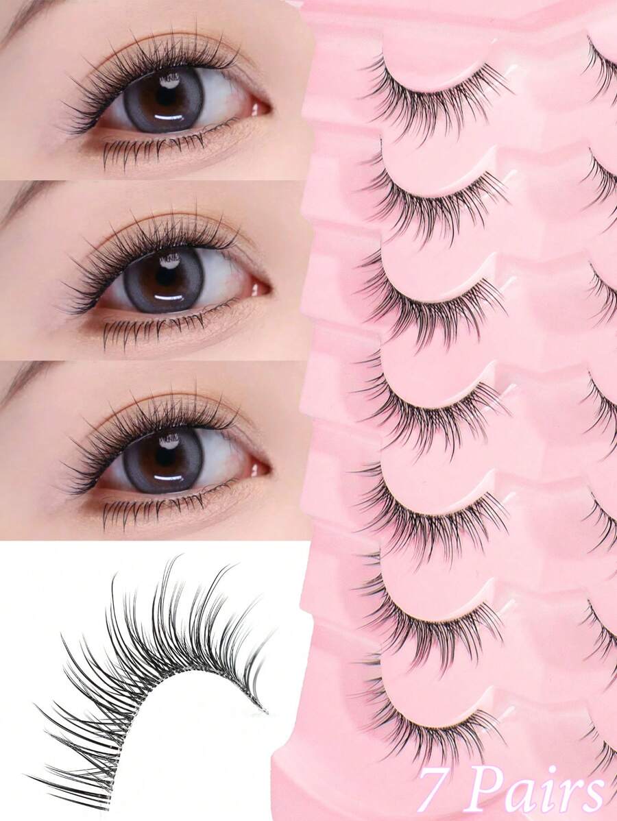 7 对 3D 自然簇状假睫毛，短柄透明睫毛，具有漫画眼妆效果，适合卡通风格眼妆