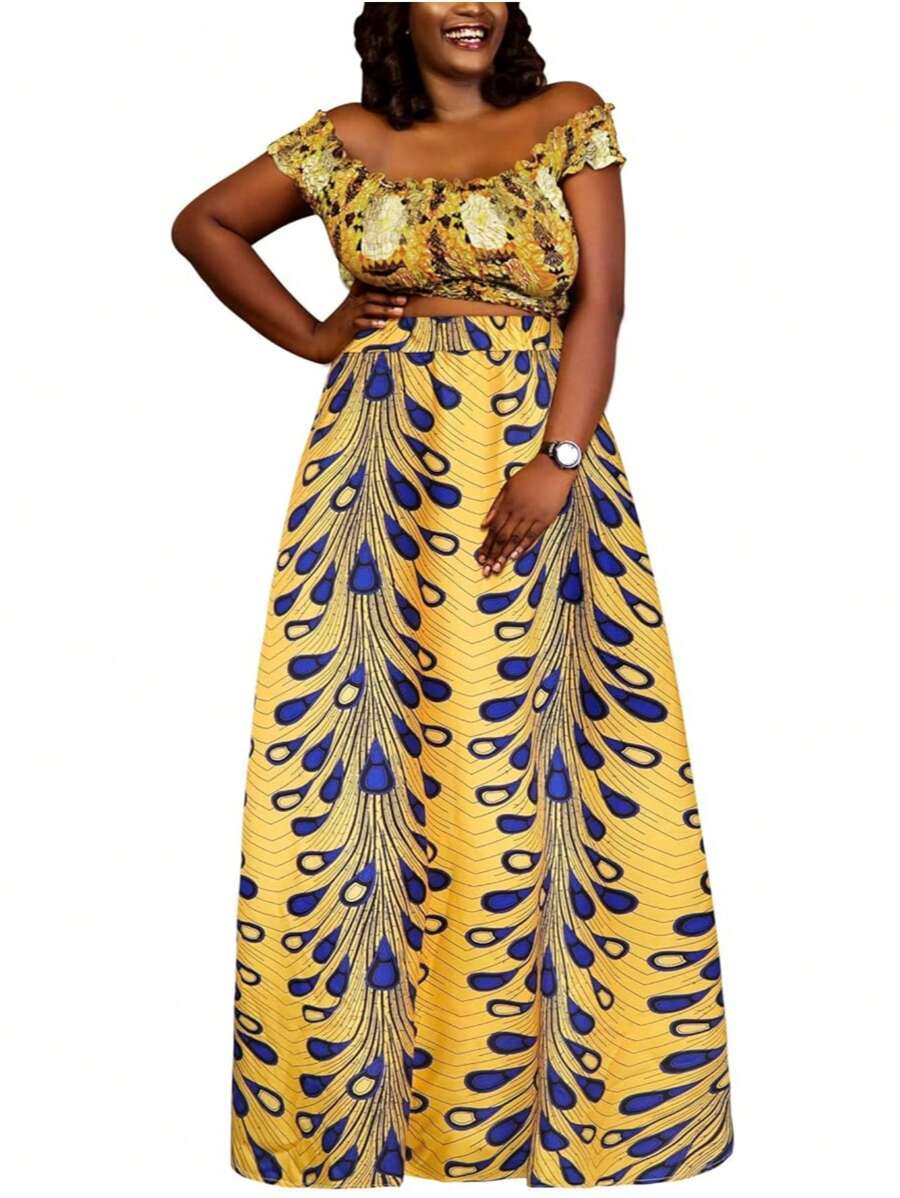 4 PCS African Printed Maxi Skirt For Women Outfit Traditional Printed Costume Set With Pockets Wooden Earrings - 印花裙 - 查看 1