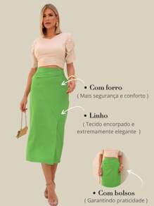 Linen Midi Skirt With Discreet Pockets, Side Slit And Sophisticated Flap - 青檸色 - 查看 6