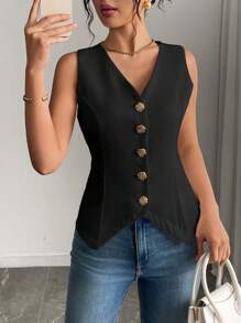 Neue minimalistisch geschnittene Weste mit V-Ausschnitt und Knopfdekor, passend für Bürodamen, vielseitig & elegante Arbeit-/Lässig weste