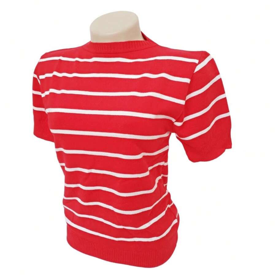 Striped Modal Blouse Short Sleeve Old Money Style Women's Fashion Spring Summer - 紅色與白色 - 查看 1