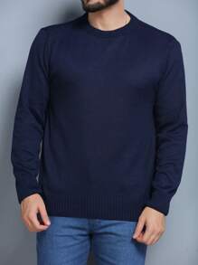 Suéter masculino de malha de cor sólida com gola redonda - Azul - Visão 2