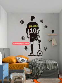 1 Stück Sportler, Fußball, Baseball, Basketball, Badminton Wandtattoo mit individuell anpassbarem Text, selbstklebende abnehmbare Wandkunst für Schlafzimmer, Wohnzimmer, Arbeitszimmer, Geschenke Geburtstag Abschluss, Harmonie Zuhause