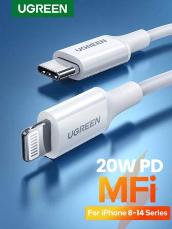  UGREEN PD 20W USB C 转 Lightning 数据线 - MFi 认证 充电 Type-C 数据线兼容 14 13 Pro Max 14 Plus 12 11 Pro Max /X/XR/XS/8 系列、iPad 9、Air Pods Pro 等快速充电