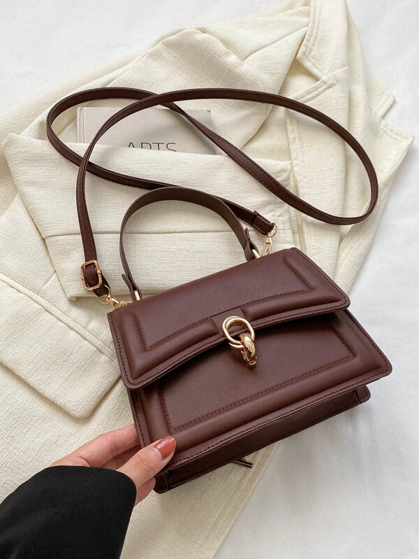 Elegant Solid Color Fashion Handbag, Retro Flap Purse For Women, PU Crossbody Shoulder Bag With Top Handle