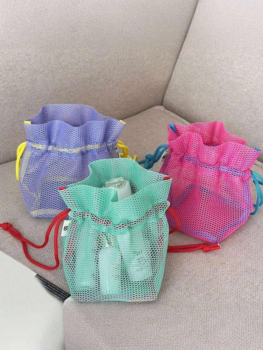 1 件便携式轻质网状抽绳袋，用于化妆品收纳，旅行洗漱用品收纳袋，容量大，视野开阔，可重复使用，非常适合旅行和海滩使用夏季旅行，度假屋浴室装饰节日化妆品收纳浴室配件返校