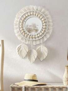 1 szt. Makrama Wiszące lustro do makijażu, Boho Style Wall Decor Round Tapestry Acrylic Mirror, Ręcznie tkane liście na krawędziach wiszące na ścianie, Dekoracja do salonu, sypialni, biura