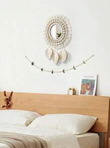 1 szt. Makrama Wiszące lustro do makijażu, Boho Style Wall Decor Round Tapestry Acrylic Mirror, Ręcznie tkane liście na krawędziach wiszące na ścianie, Dekoracja do salonu, sypialni, biura