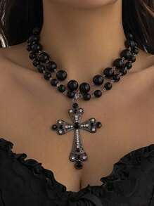 Fashionable Double Layer Bead Cross Pendant Necklace - Hip-Hop Style, Suitable For Halloween Parties And Casual Outfits, Great Gift For Her. Also Available In Single Layer. - Black - View 2
