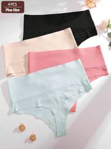 4pcs Plus Size Women Solid Mesh High Waist Soft Seamless High Elasticity Thong Panties, Ladies Underwear