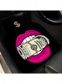 4 件装大胆红唇和美元钞票汽车脚垫 - 设计，耐污涤纶材料，适合汽车内饰装饰，用粉色嘴唇和绿色美元钞票增添前卫风格 - 彩色 - 查看 3