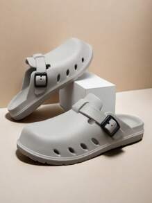 2025 New Men's Flat Bottom Wooden Clogs, Minimalist Fashion Casual Slip-On Retro Adjustable Buckle Sandals For Travel, Beach, Party, Couple, Indoor Slippers, Thick Breathable Solid Color Round Toe Hollow Shoes - Grey - View 9