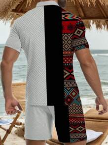 Set de 2 piezas de ropa deportiva de verano para hombre, camisa con cremallera de manga corta con estampado retro y pantalones cortos con estampado retro, estilo casual de calle para hombres