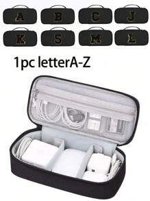 Multi Functional Travel Storage Bag, Black Towel Embroidered Letters A-Z, Carrying Pouch Bag For Travel Essentials, Can Store Power, Digital Accessories, Phone Earphones, Charging Makeup Bag, Mouse Data Cable, Easy To Carry When Going Out, Gifts For Loved Ones, Elders, Anniversary Gifts, Graduation Gifts, Travel Accessories(Zipper Random) - Black - View 1