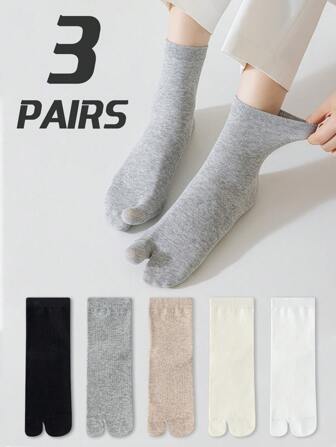 3 paar dames effen minimalistische comfortabele katoenen 7A antibacteriële ademende twee-teen Zori sandaal split toe crew sokken, collegiale stijl, vier seizoenen