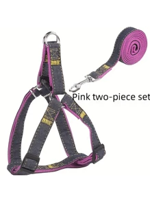 Denim Dog Harness And Leash Set - Adjustable, Comfort Fit For Small To Large Breeds - Durable Polyester Material, Pulling Rope, Teddy