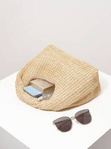 Túi dệt xoắn rỗng thời trang, Túi đi biển Boho dành cho nữ, Túi xách xếp nếp phong cách cao cấp, Ví rơm thường ngày ngày lễ, Đồ dùng thiết yếu ngày lễ (Họa tiết ngẫu nhiên) - Màu Khaki - Xem 6