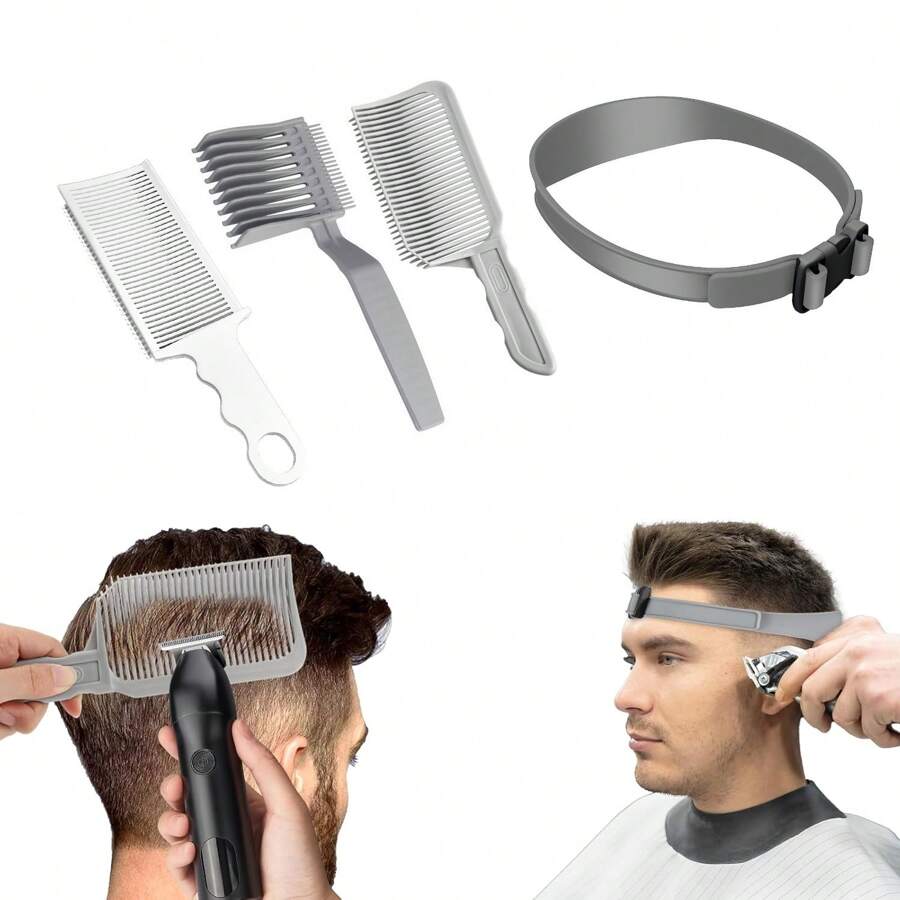 4pcs Haircutting Comb Set (Gradient Comb, Curved Comb, Adjustable Curved Silicone Cutting Guide), Hairstylist Gradient Positioning Comb, Professional Positioning Fusion Comb For Blending Gradient Flat/Curved Edging, Neck Shave Template And Haircut Guide, DIY Haircut Tool For Adults And Kids, Adjustable Size Self-Grooming Tool For Clean Neckline, Household And Salon Haircut Guide Tool - Multicolor - View 1