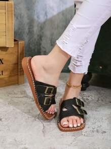 Teenagers' Buckle Slide Sandals – Chic Design, Ultra - Convenient For Quick Wear - Black - View 5