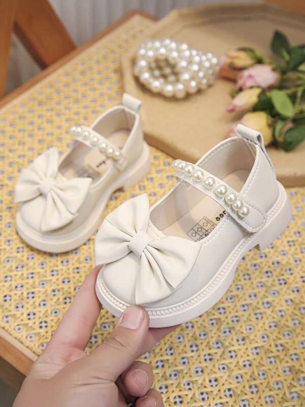 Girls' Cute Solid Color Big Bow Pearl Design Outdoor Flats, Princess Loafers