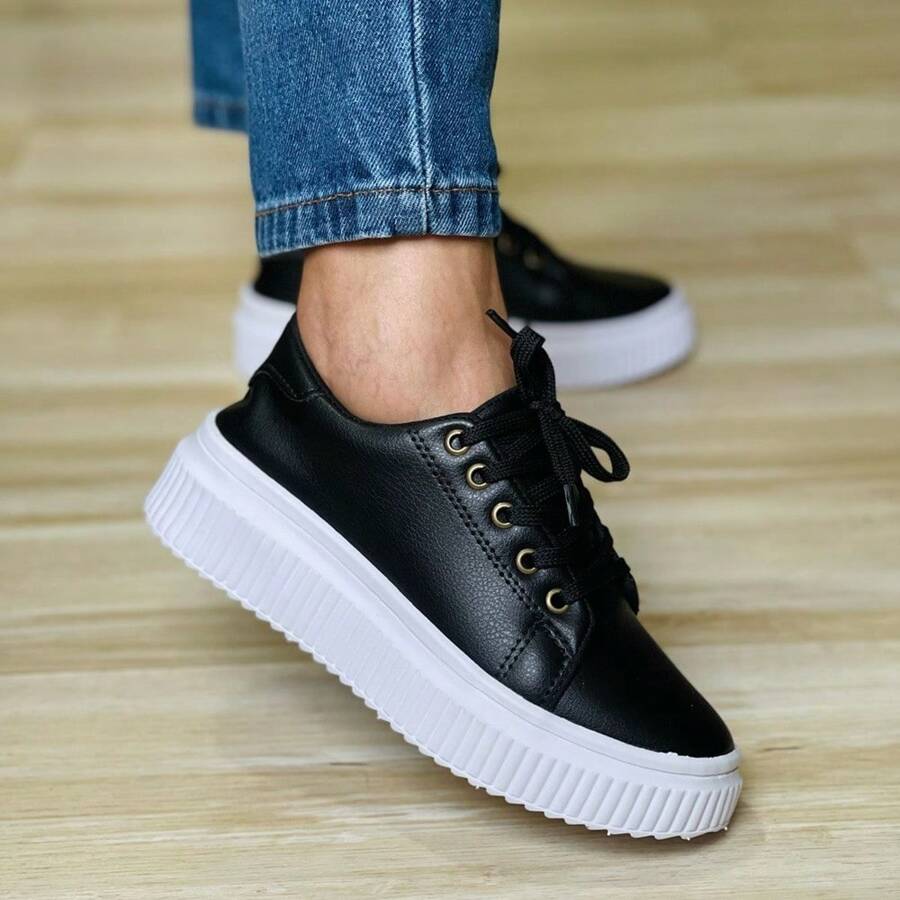 Synthetic Leather Tennis Shoes Comfortable And Lightweight Platform - 黑色 - 查看 1