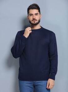 Suéter masculino de malha de cor sólida com gola redonda - Azul - Visão 1