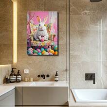 1pc Easter Day Wooden Framed Wall Art, Wrapped Canvas Vintage Prints Poster, Pink, A White Rabbit Sitting On A Colorful Chair, Perfect Gift Decor, Wall Art For Living Room Bedroom Office, Hanging Hardware Included - Framed, Vertical