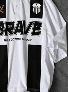 Áo thun polo tay ngắn chui đầu thường ngày, thiết kế chữ và sọc phối màu phong cách đại học dành cho nam, phù hợp cho mùa hè - trắng - Xem 5