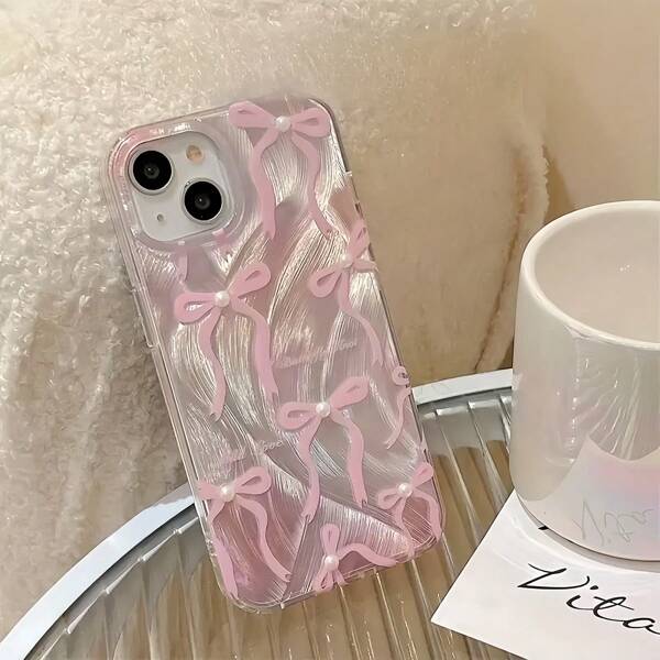 1pc Feather Chiffon IMD Lens Protection Anti-Drop Gradient Pink Bow Faux Pearl Mobile Phone Case Compatible With IPhone 16 Pro Max, 15/14 Plus, 13, 12, 11