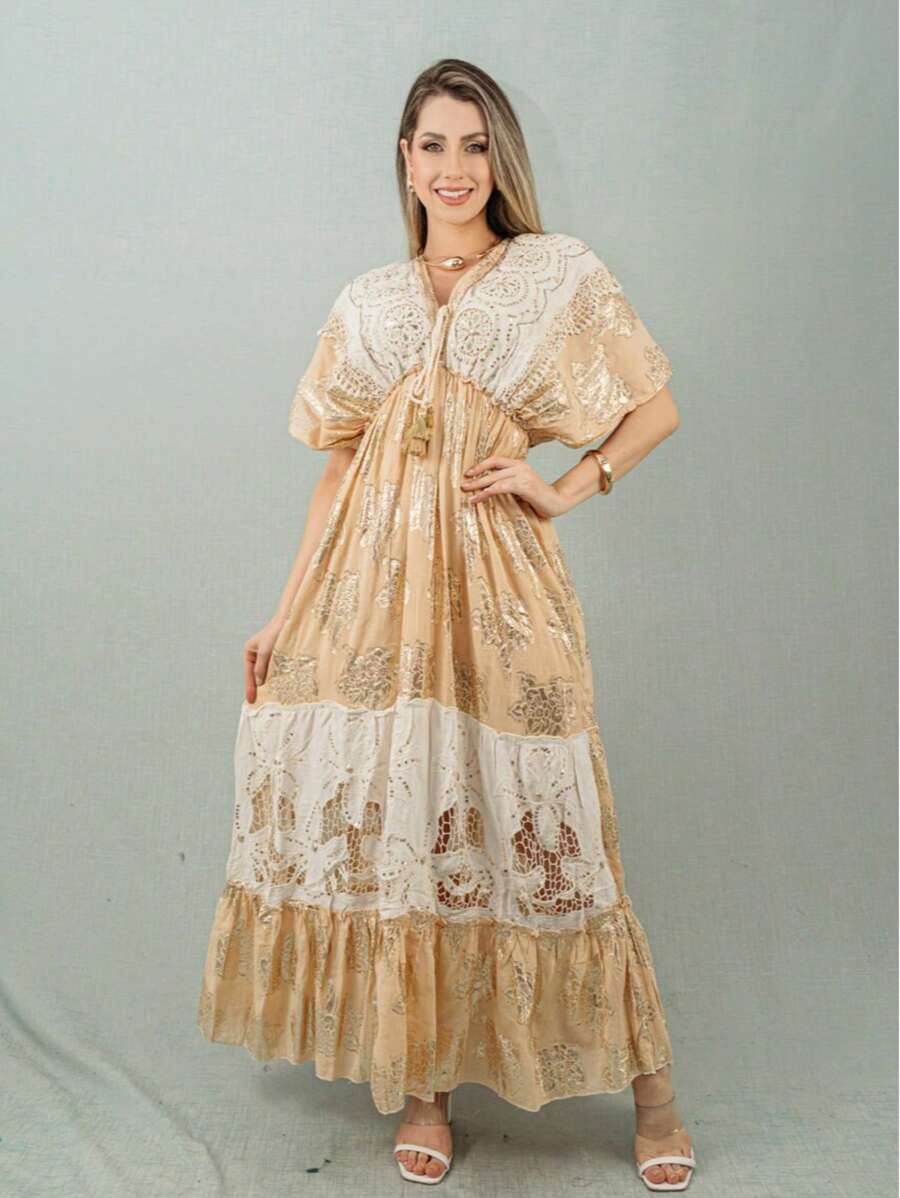 Long Boho Embroidered Lace Dress 6010 - Crema - Ver 1