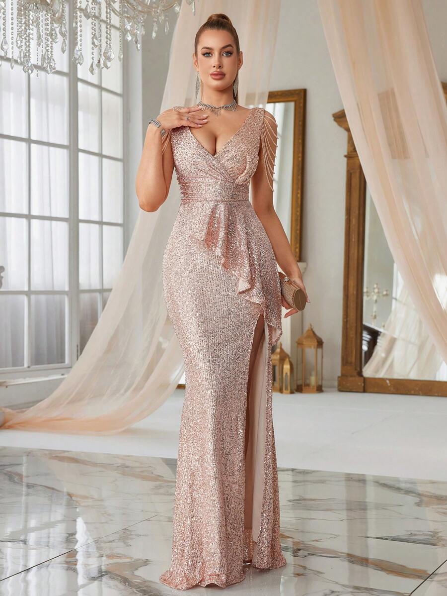 Vestido formal de fiesta, cumpleaños, aniversario, graduación, boda como invitado de unicolor, sexy, con pesada decoración de lentejuelas, plisado, volante, para primavera/verano