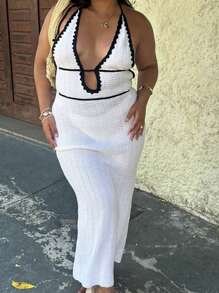 FOR BEAUTY Women's Plus Size Spring And Summer New White Backless Hanging Collar Sleeveless Knitted Sweater Dress, Women's Music Festival Holiday Fashion,Bohemia Elegant White Long Dress - White - View 3