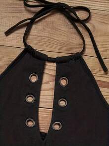 夏季新款欧美弧形黑色休闲度假时尚镂空挂脖T恤