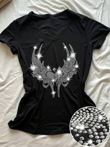 女士火焰心水钻印花 V 领短袖 T 恤，休闲装适合春夏季假期和日常外出 - 黑色 - 查看 1