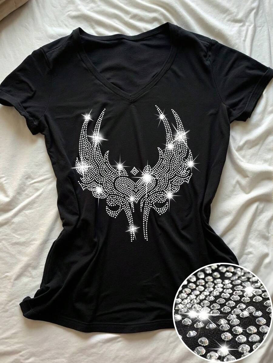 Áo thun tay ngắn cổ chữ V in hình trái tim lửa đính đá cho nữ, trang phục thường ngày phù hợp cho kỳ nghỉ xuân/hè và các buổi đi chơi hàng ngày - màu đen - Xem 1