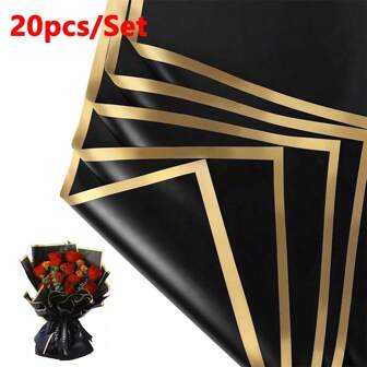 20张/套 优雅黑金花卉包装纸 半透明花束礼品包装纸 DIY工艺礼品包装装饰花卉用品 防水花卉包装礼盒、包装纸、薄纸、花束用品 适用于婚礼、母亲节、返校和毕业典礼