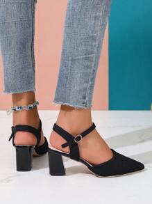 Women's Fashion Sexy Pointed Toe Thick Heel Sandals With Ankle Strap, Closed Toe Slip On Pumps Shoes, Spring/Summer