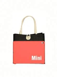 Letter Pattern Handbag Floral Print Linen Handbag Button Decorated Handbag Minimalist Large Capacity Handbag Portable Casual Storage Handbag - Black - View 9