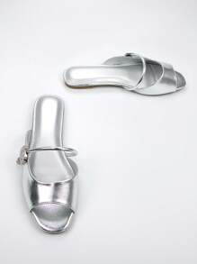 Women's Elegant Silver Color Crystal Buckle Strap Decor Silver Metal Fabric Fashion Square Toe Comfortable Flat Mules Sandals For Daily Wear And Party - Silver - View 4