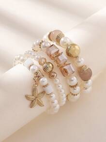 4件套优雅时尚仿珍珠玻璃珠海星叠层手链套装，适合女性波西米亚风度假休闲佩戴，母亲节礼物