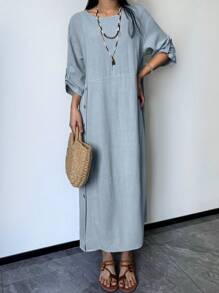 女士时尚宽松休闲舒适透气纽扣开叉设计短袖长款连衣裙 - 藍色 - 查看 3