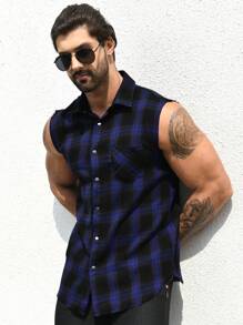 Men's Front Button Closure Pocket Sleeveless Plaid Shirt - Multicolor - View 3