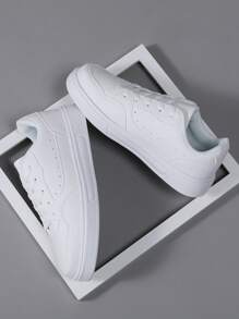 White PU Leather Low-Top Casual Sneakers For Men, Round Toe Lace-Up Flat Bottom Soft Sole Spring/Autumn
