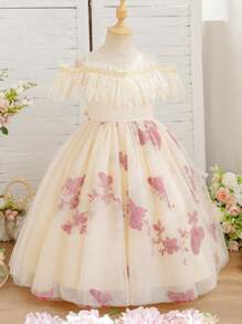 Tween Girl's Champagne Colored Dress With Lace On The Chest, Butterfly Decoration On The Surface, And Waist Straps. Three Layers Of Mesh Skirt And One Layer Of Lining Fabric Skirt Are Very Beautiful And Exquisite, Suitable For Birthday Parties And Other Occasions - Champagne - View 2