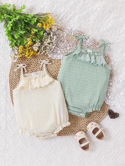 2pcs Set Baby Girls Cute & Refreshing Comfy Solid Color Knitted Fabric Patchwork Ruffle Trim Bodysuit, Suitable For Summer Daily Wear And Outdoor Activities