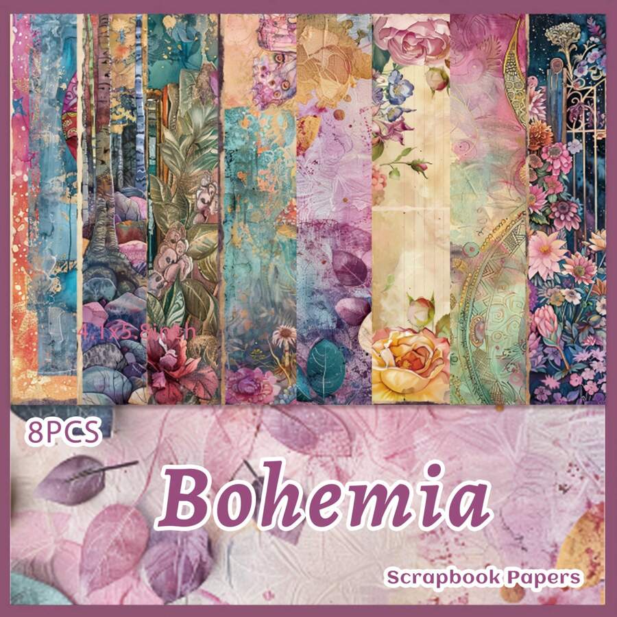 8 PCS Aesthetics Bohemia Scrapbook Paper For Junk Journal DIY Art Crafts Collages Card Making Gift Wrapping Fancy Flower Scrapbooking Supplies,School Supplies,Back To School - Multicolor - View 1